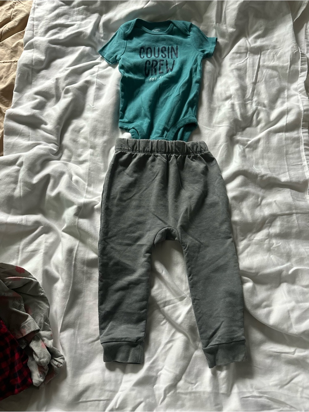 Cat & Jack Gray Jogger Pants & Carter’s Cousin Crew onsie